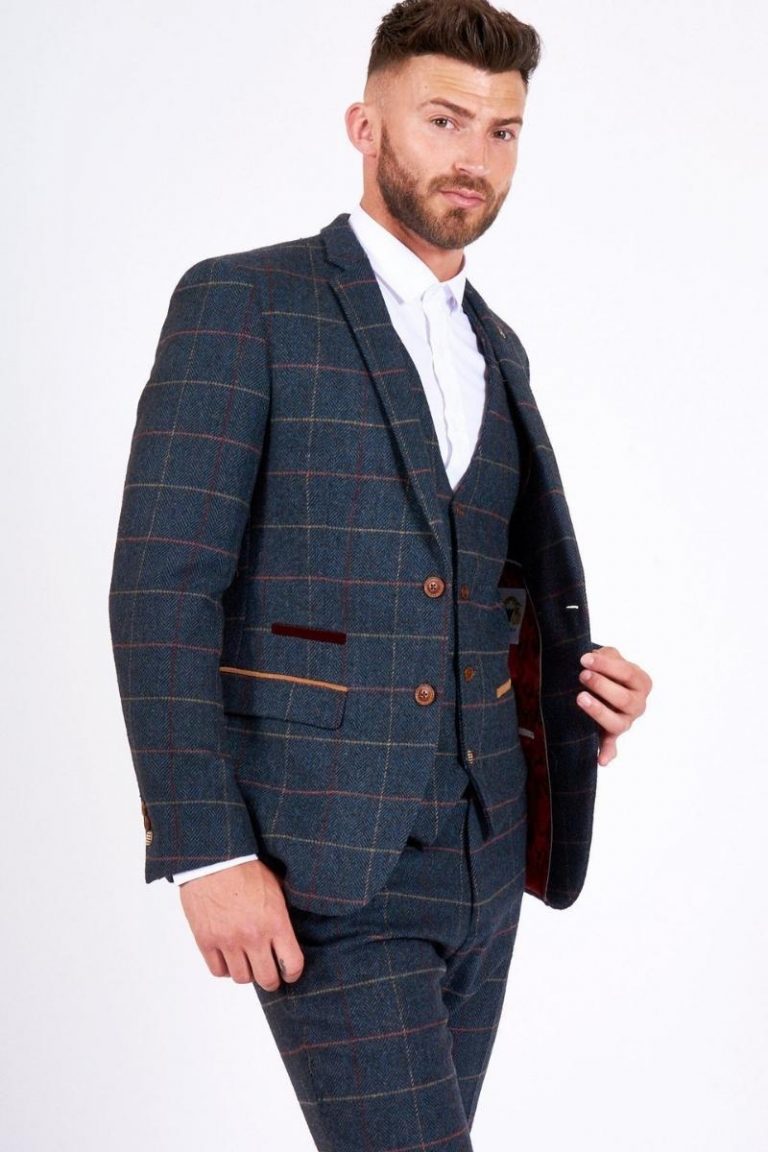 Marc Darcy Eton Blue Check Tweed Blazer_ 3 Piece Blue Tweed Check Suit